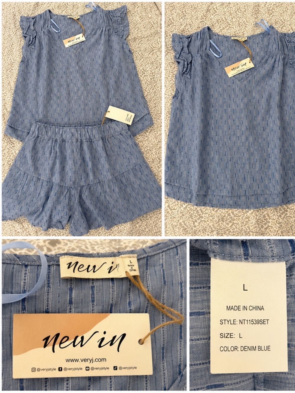 New In Very J Denim Blue Ruffle Top & Shorts Matching Set